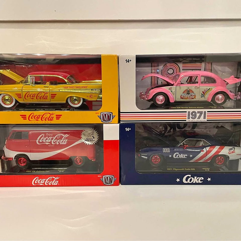 Diecast chase vehicle set in box, red and pink classic cars, Coca-Cola graphics