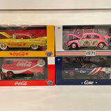 Diecast chase vehicle set in box, red and pink classic cars, Coca-Cola graphics