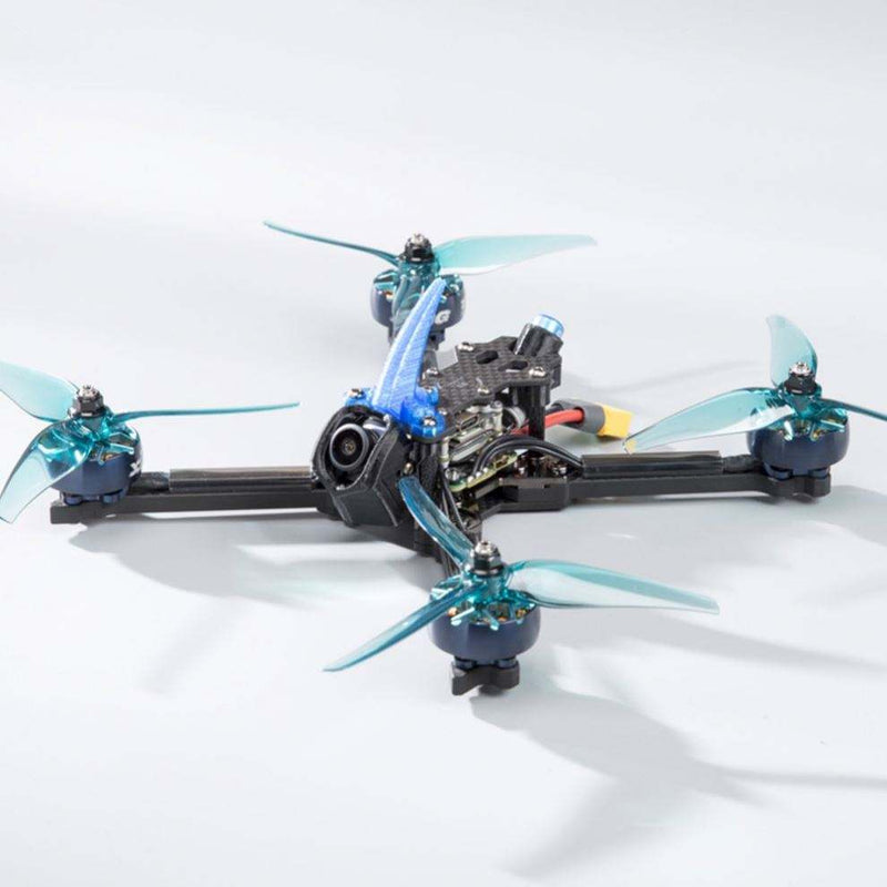 Agriculture sprayer drone with quad rotors and blue frame, mounted camera module