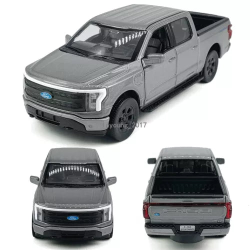 Gray Ford F-150 Lightning diecast toy car, front and rear views
