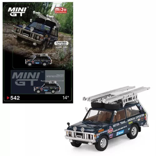 MINI GT 1/64 diecast Range Rover 1971 toy SUV, dark blue with graphics, #542