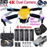 Yellow foldable quadcopter drone with dual cameras, 4 batteries, and remote controller
