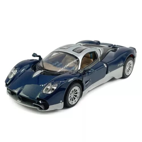 Diecast model sports car toy, dark blue body with silver accents and detailed headlights