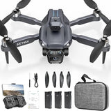 Drone with camera, four propellers, dark gray body, includes accessories and carrying case