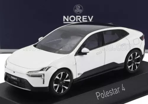 Die-cast model car in white with black trim, front three-quarter view on display base, Polestar 4
