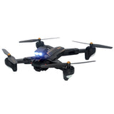 RC quadcopter drone with blue LED searchlight and four propellers, black