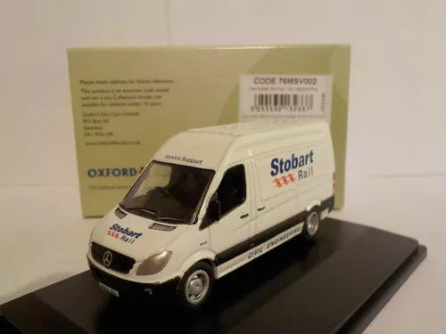 White Mercedes Sprinter diecast van with Stobart Rail logo and blue stripe, 1:76.