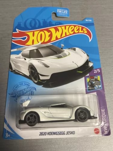 White Hot Wheels 2020 Koenigsegg Jesko diecast car in blister pack, front view