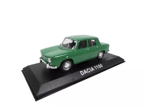 Green diecast model car on black display base, Dacia 1100 lettering.