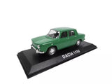 Green diecast model car on black display base, Dacia 1100 lettering.