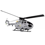 RC toy helicopter drone with gray body and black rotor blades, flybarless design
