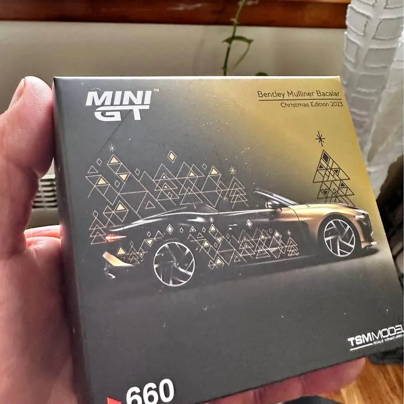 Hot Wheels MINI GT diecast model car box with holiday graphics and tree design