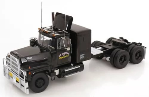 1/18 scale black Mack RL 700L diecast convoy truck with sleeper, front view