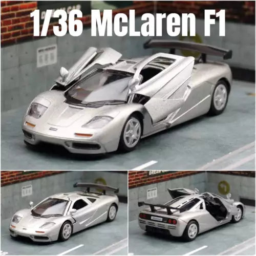 1/36 scale McLaren F1 metal diecast model car in silver with black accents
