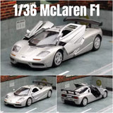 1/36 scale McLaren F1 metal diecast model car in silver with black accents