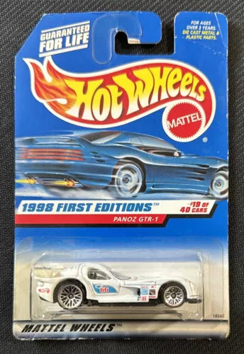 Hot Wheels 1:64 diecast race car model with decals, in blister packaging
