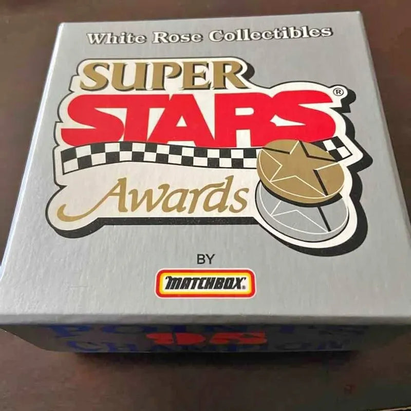 Collectible diecast car box lid with Super Stars Awards logo and Matchbox mark