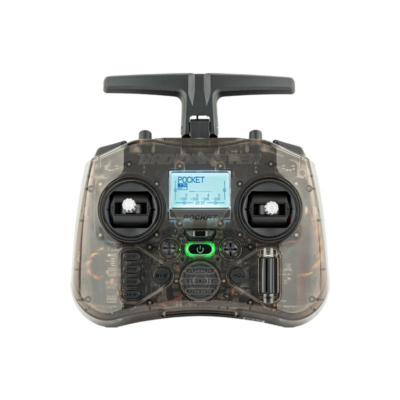 Drone remote control with central LCD screen, two thumbsticks, and folding antenna