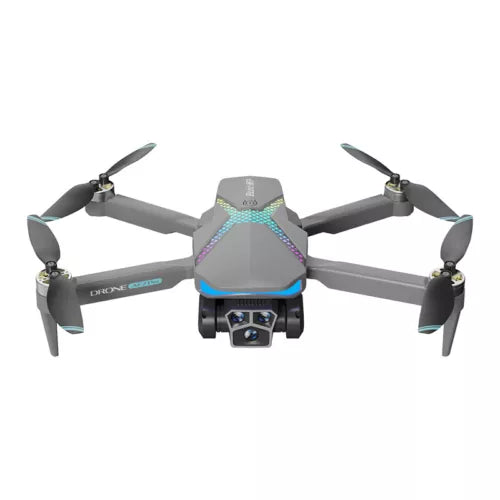 Camera drone with four propellers, front camera module, and LED light accents