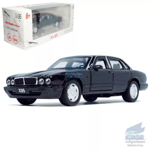 1:36 Jaguar XJ6 alloy diecast model car, black sedan with open doors