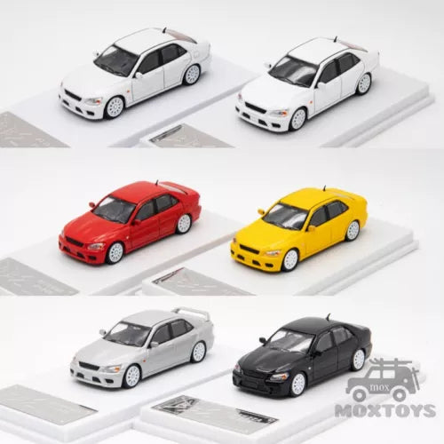 Diecast model car toy with six cars in white, red, yellow, and black.