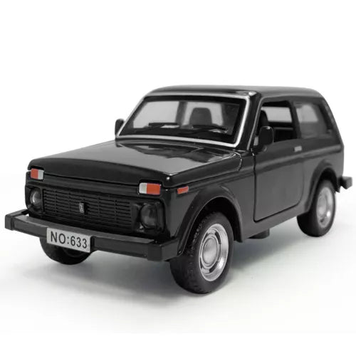1:32 black diecast model SUV car with front grille and headlights, front 3/4 view