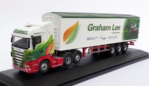 Green and red Scania diecast truck with white box trailer, 'Graham Lee' branding