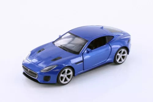 Blue Jaguar F-Type 1/36 scale diecast model car, front three-quarter view with silver wheels