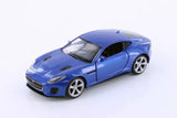 Blue Jaguar F-Type 1/36 scale diecast model car, front three-quarter view with silver wheels