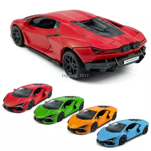 Red Lamborghini Revuelto diecast model car toy, detailed front and wheels