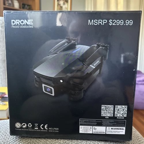 Obstacle-avoidance drone retail box with drone photo and MSRP $299.99