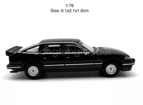 1:76 scale diecast sports car, black with white wheels, side profile.