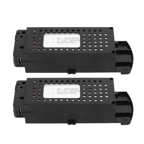 2-pack 3.7V lithium drone battery packs, black with label windows and connector tabs