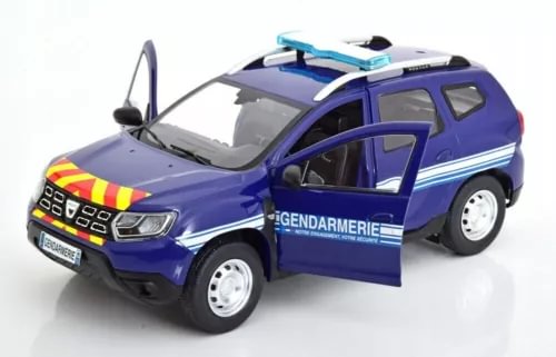Blue gendarmerie diecast SUV model car, 1:18 scale, front-left view, open door.