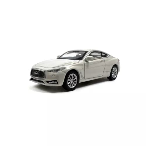 1:64 scale Infiniti Q60 2018 white diecast model car with detailed grille