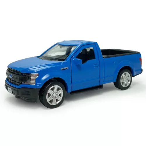 1:36 Ford F-150 diecast pickup model, matte blue with chrome grille and silver wheels