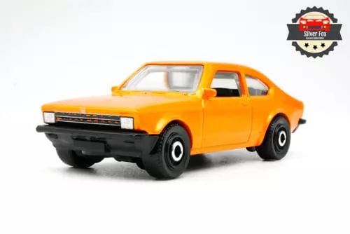 Orange 1975 diecast model car, side view, black wheels and front bumper
