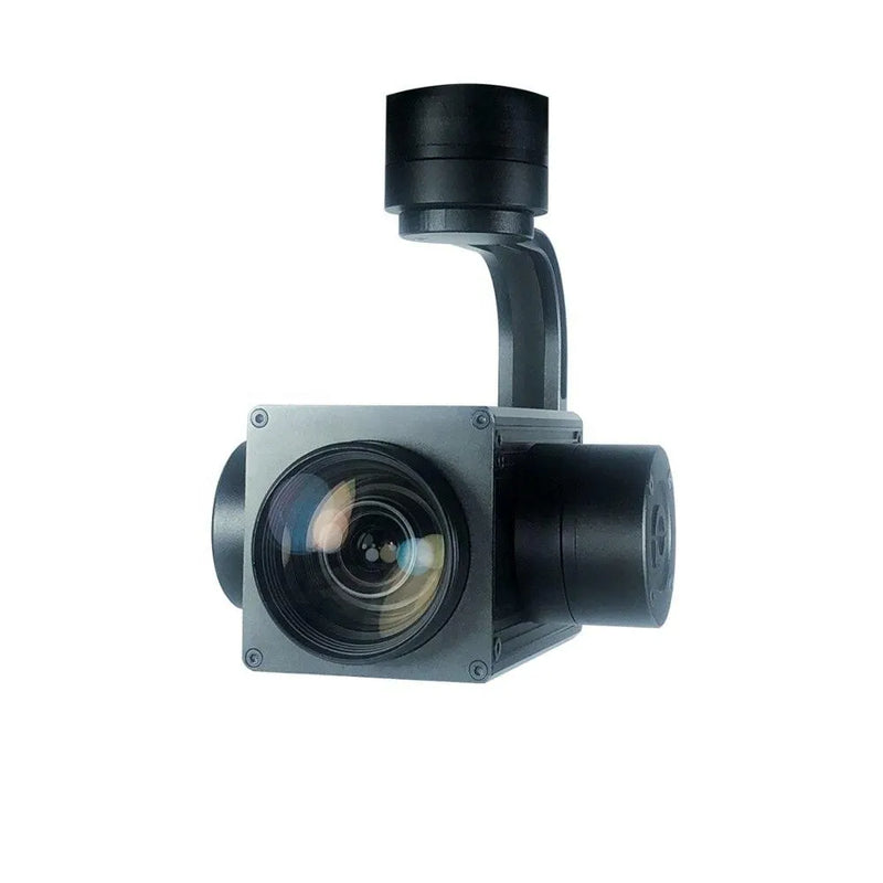 Drone camera gimbal module with large lens and black stabilization mount