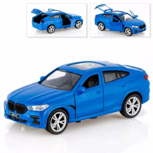 BMW X6 1/36 diecast model car, blue, front 3/4 side view