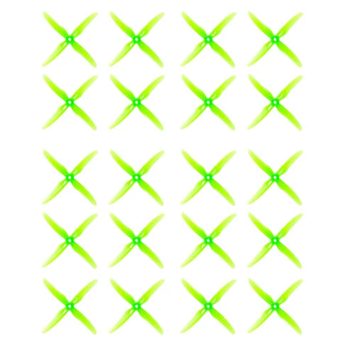 Multiple four-blade drone propellers in lime green