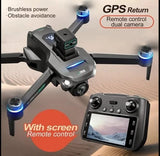 Black 8K GPS drone with dual blue lights and handheld remote controller with screen