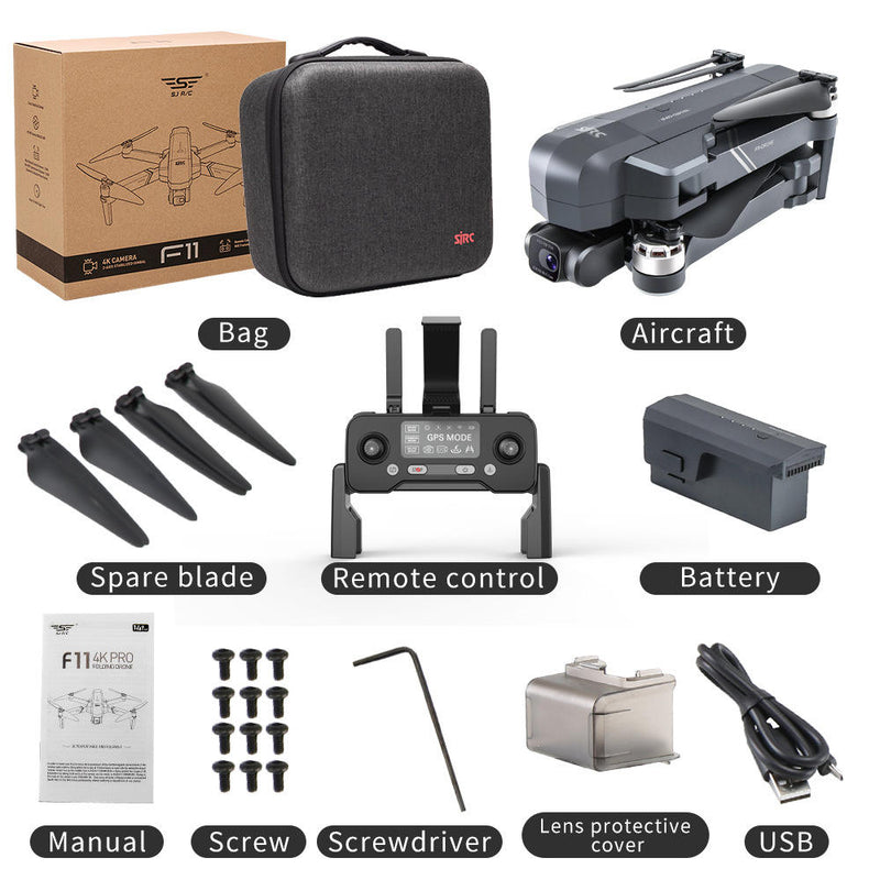 RC 4K drone kit with remote controller, battery, spare blades, and carrying case
