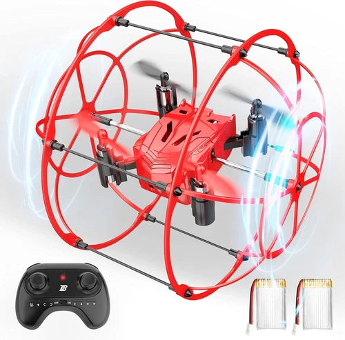 Red mini spherical rolling quadcopter drone with prop guards and remote controller