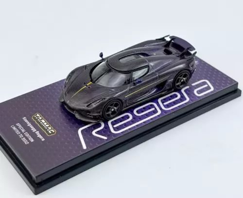 1:64 diecast metal sports car model, dark purple carbon-style with rear logo on base