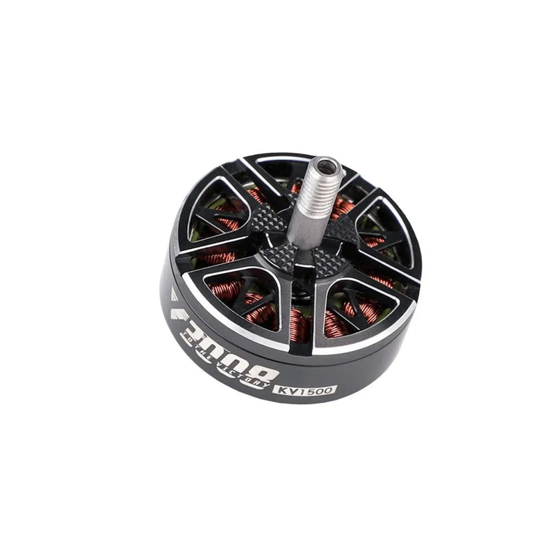Brushless drone motor with circular black housing, copper windings, and silver mounting shaft