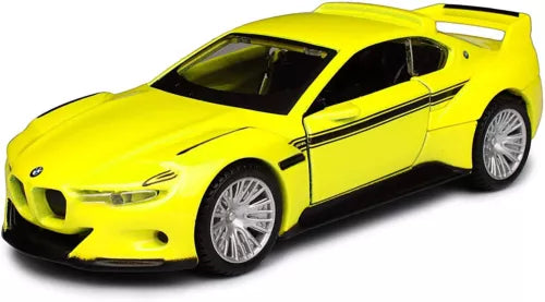 Yellow diecast model car toy with black hood stripes, front three-quarter view.