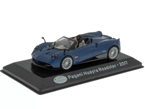 Blue 1/43 diecast roadster model car with display base, Pagani Huayra Roadster