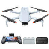 White quadcopter drone with 4 propellers, remote controller, and carrying case set