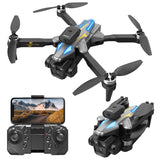 Foldable mini quadcopter drone with propellers and front camera, shown with remote controller
