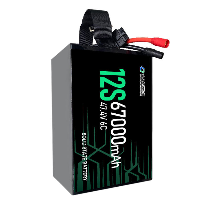 Lithium ion battery pack with black-and-green label, strap and red connector